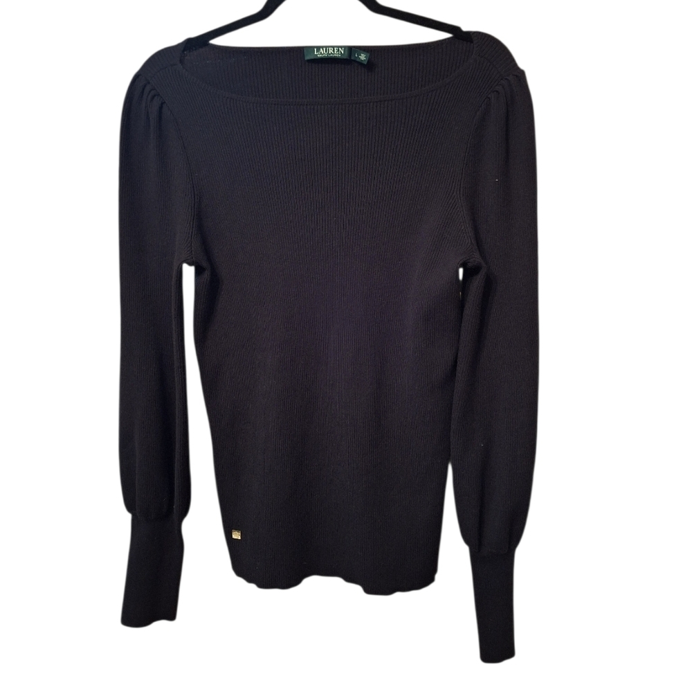 Lauren Ralph Lauren Black Ribbed Square Neck Sweater Ladies Large Old Money